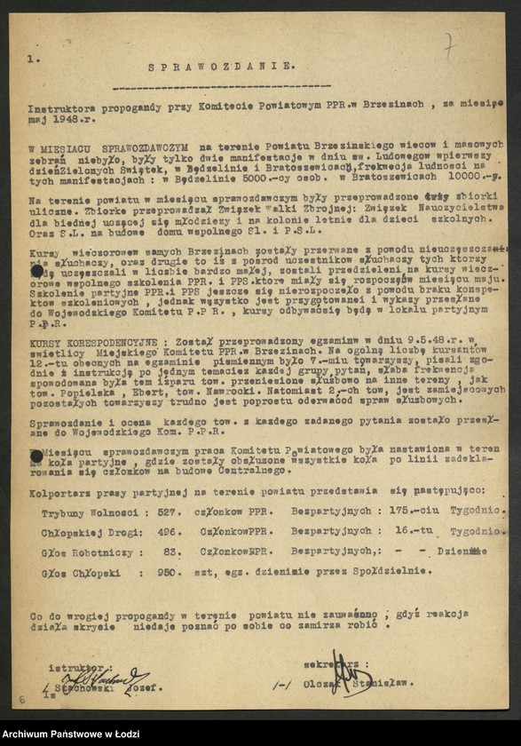 Obraz 8 z jednostki "Sprawozdania miesięczne instruktorów propagandy komitetów powiatowych i komitetów miejskich [z załącznikami za 1948 rok]"