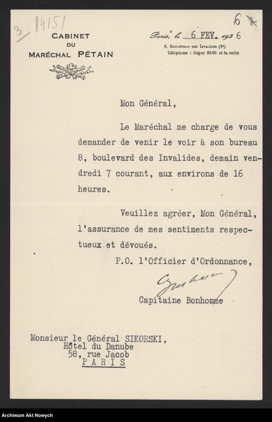 image.from.unit.number "Pétain Henri-Phillippe, marszałek Francji. Spotkania z W. Sikorskim w Paryżu. Prośba W. Sikorskiego o dokumentację francuską o obecnym stanie armii niemieckiej. Odznaczenia francuskie dla osób polecanych przez I. Paderewskiego."
