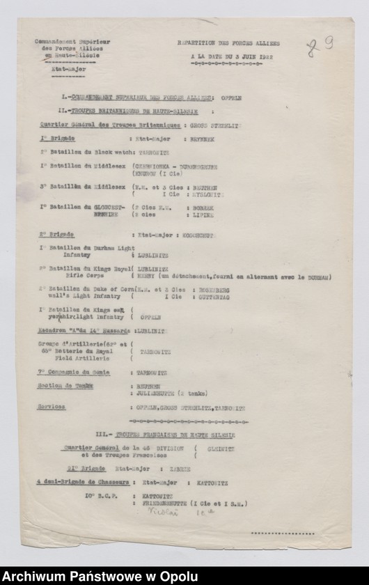 Obraz 12 z jednostki "Etat de Siege-Generalites-Notes de Principe-Renseignements-Organisations de Combat /Koerspondencja i zarządzenia dotyczące stanu wyjątkowego/Raporty dzienne o sytuacji wojskowej, incydenty, obwieszczenia/ 2.06.-1.07.1922"