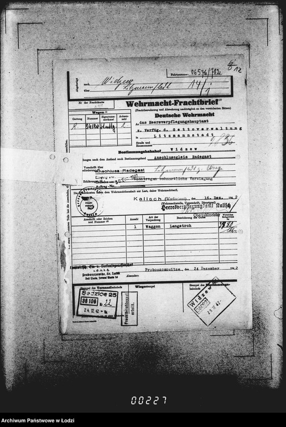 Obraz 16 z jednostki "Frachtbriefe [Kolejowe listy przewozowe różnych towarów do Getta w Łodzi]"