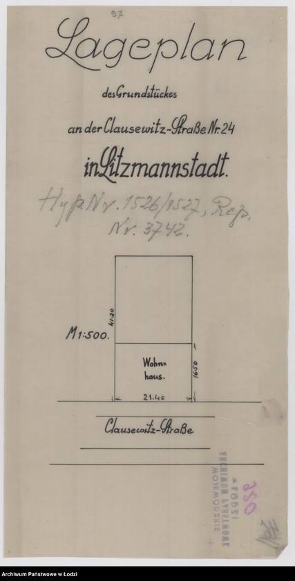 Obraz 1 z jednostki "Lageplan des Grundstückes an der Clausewitz Straße Nr 24 in Litzmannstadt"