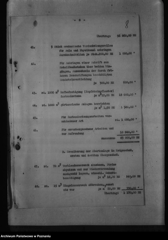 Obraz 12 z jednostki "Kostenüberschlag für Instandsetzungsarbeiten im Gebäude der Staatlichen Ingenieurschule, Posen, Bergerstr. 5."