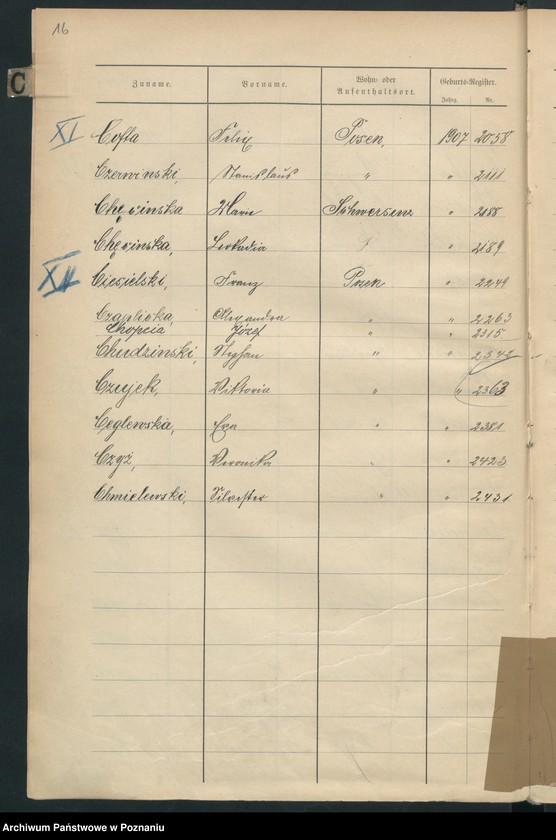 Obraz 11 z jednostki "Spis alfabetyczny urodzeń za 1907"