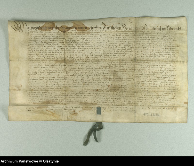 image.from.unit "Vorstand des Gr. Hospital verlieht 1 Stube der alten u. kranken Meistern u. Gesellen des Waffen-u. Schmieden-Gewerk zu Königsberg für alljährlich Zins 60 pr. Mark Dann Namen der 12 Meistern, 13 Gesellen und 6 Vorstand-Mitglieder./Urkunde auf Pergament/"