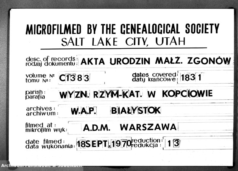 image.from.unit.number "Duplikat Aktów Urodzonych, Zaślubionych i Umarłych Parafii Kopciowskiey 1831 Roku"
