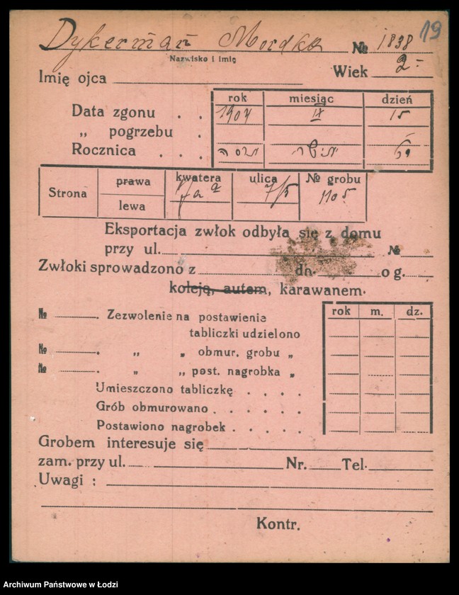 Obraz 20 z jednostki "Kartoteka osób pochowanych na cmentarzu żydowskim przy ulicy Brackiej w latach 1892-1953. Nazwiska na litery: Dy-Dz"