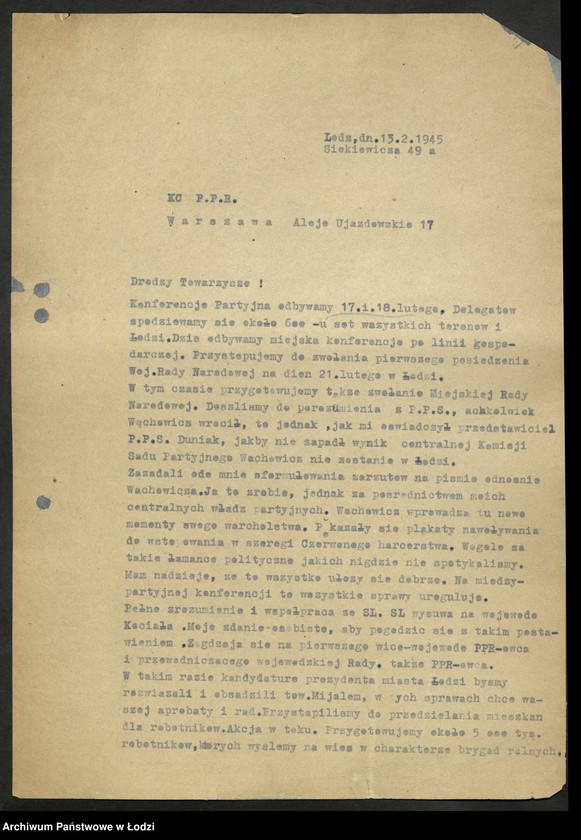 Obraz 9 z jednostki "Korespondencja I-go Sekretarza Komitetu Wojewódzkiego Polskiej Partii Robotniczej"