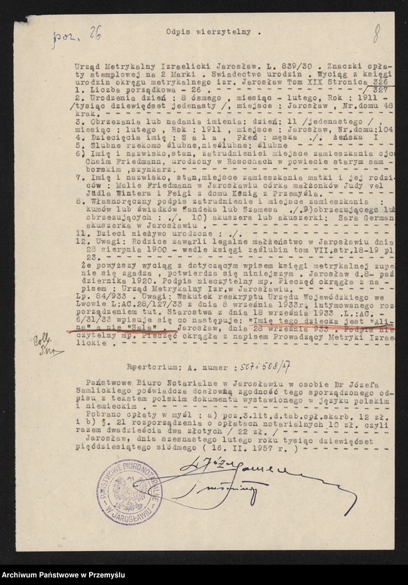 image.from.unit.number "Księga urodzin izr[aelickiego] Urzędu metrykalnego w Jarosławiu 1911"