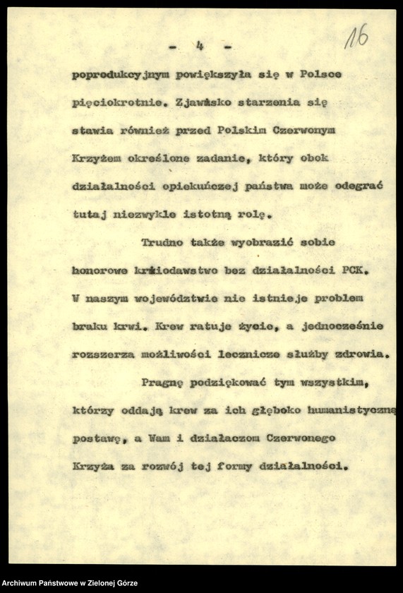 Obraz 18 z jednostki "Zdrowie. Przemówienia pracowników wydziału z okazji. Dnia pracownika służby zdrowia w latach 1982-1988, rocznic Wojewódzkiej Stacji Krwiodawstwa w 1978,1986; Sanepidu 1979, Sanatorium w Torzymiu w 1980, PKPS w 1984"