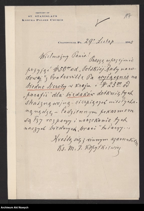 image.from.unit.number "Korespondencja organizacji polonijnych i osób prywatnych ze Stanów Zjednoczonych do I. J. Paderewskiego w sprawie pomocy dla ofiar wojny w Polsce"