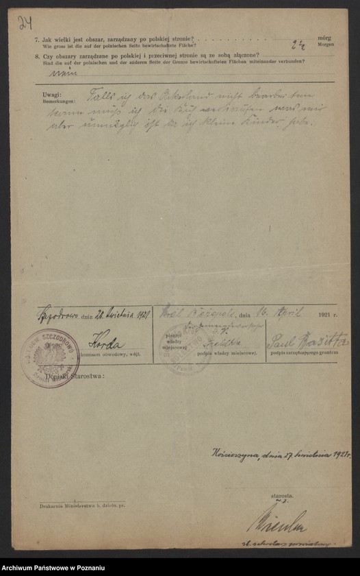 Obraz 20 z jednostki "[Kwestionariusze dotyczące stwierdzenia gruntów znajdujących się po niemieckiej stronie pogranicza a zarządzanych przez zamieszkałych po stronie polskiej] powiat kościański"