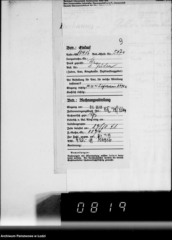 Obraz 13 z jednostki "E. Rechnungen [za dostawy towarów spoza Getta]"