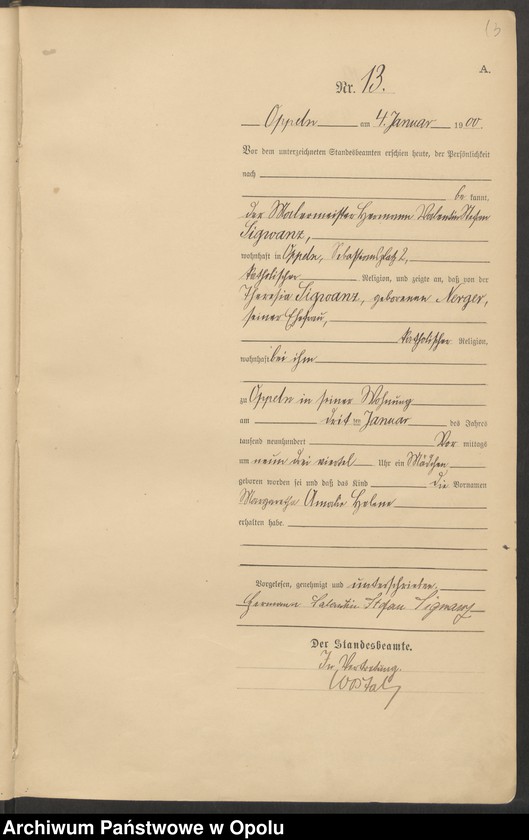 Obraz 17 z jednostki "Urząd Stanu Cywilnego w Opolu 1900 Rejestr Urodzeń Księga Miejscowa Nr 1 do 674"