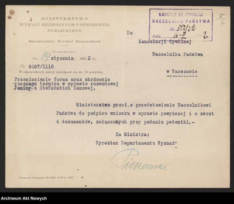 image.from.unit.number "Przeniesienie forum sądowego spraw rozwodowych do Sądów Konsystorskich Ewangelicko - Augsburskiego i Ewangelicko - Reformowanego oraz skrócenie rocznego terminu zapozwu w sprawach rozwodowych, rozpatrywanych przed najwyższymi sądami. Reskrypty Naczelnika Państwa, wnioski, korespondencja z Min. Wyznań Religijnych i Oświecenia Publicznego"