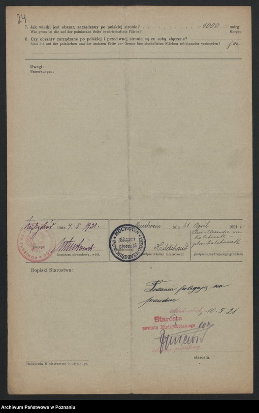 Obraz 20 z jednostki "[Kwestionariusze dotyczące stwierdzenia gruntów znajdujących się po niemieckiej stronie pogranicza a zarządzanych przez zamieszkałych po stronie polskiej] powiat Międzychód"