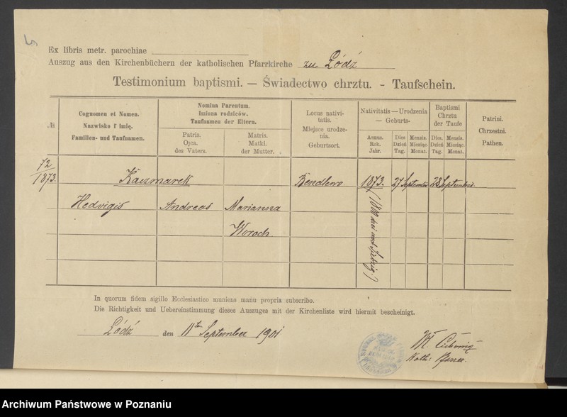 Obraz 7 z jednostki "Die von den Verlobten beigebrachten Urkunden zur Eheschliessung pro 1901. Vol XV"