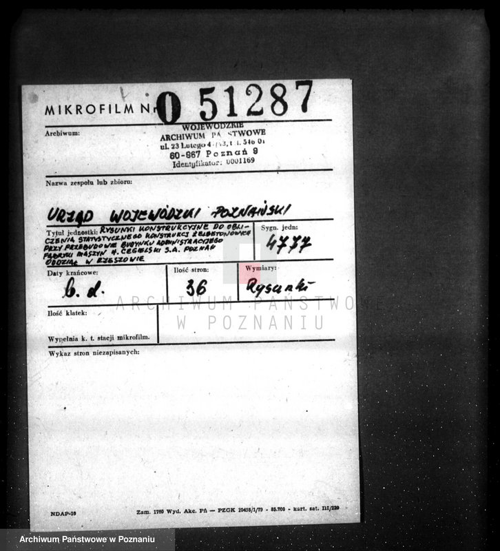 Obraz 2 z jednostki "Rysunki konstrukcyjne do obliczenia statycznego konstrukcji i żelbetonowych przy przebudowie budynku administracyjnego fabryki maszyn H. Cegielski S. A. Poznań Oddział w Rzeszowie"