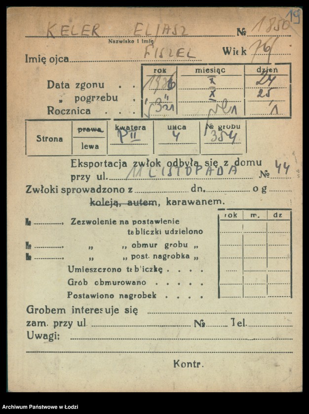 Obraz 20 z jednostki "Kartoteka osób pochowanych na cmentarzu żydowskim przy ulicy Brackiej w latach 1892-1951. Nazwiska na litery: Kei-Ki"