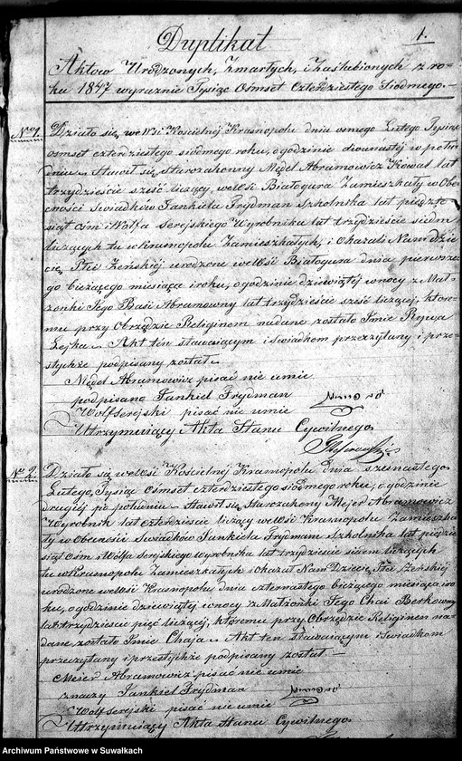 image.from.unit.number "Duplikat Aktów Urodzonych, Zmarłych i Zaślubionych Starozakonnych Okręgu Krasnopolskiego z Roku 1847."