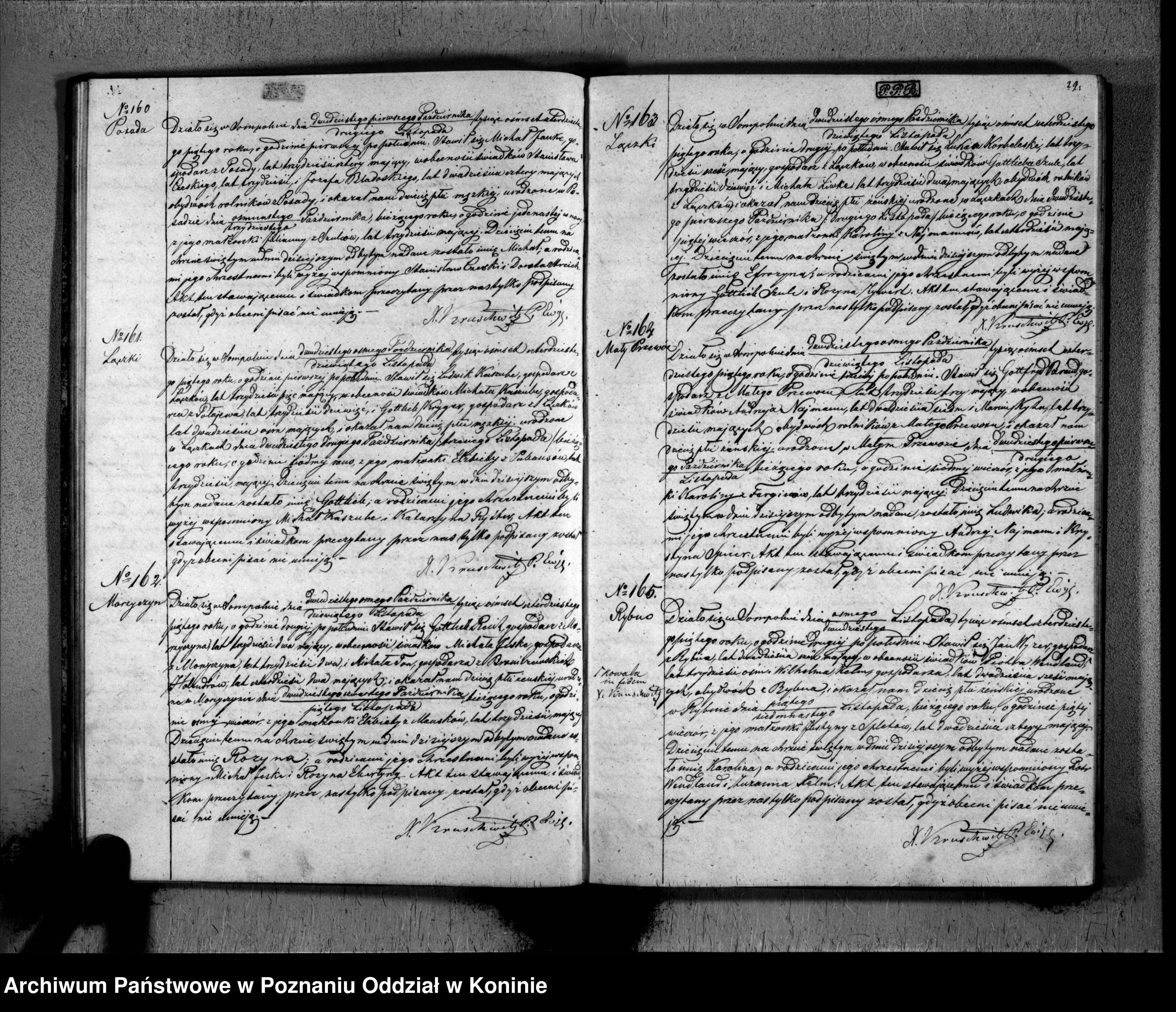 Skan z jednostki: Duplikat aktów urzędnika stanu cywilnego parafii ewangelickiej Sompolno za rok 1845: akty urodzeń, małżeństw, zgonów