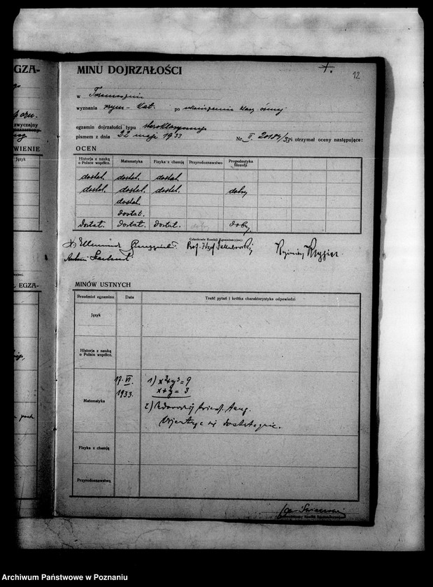 Obraz 15 z jednostki "Protokoły egzaminu dojrzałości Państwowego Gimnazjum Klasycznego- Trzemeszno"