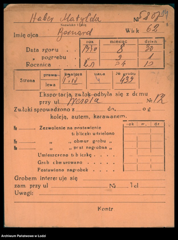 Obraz 15 z jednostki "Kartoteka osób pochowanych na cmentarzu żydowskim przy ulicy Brackiej w latach 1892-1961. Nazwiska na litery: Ha-Helme"