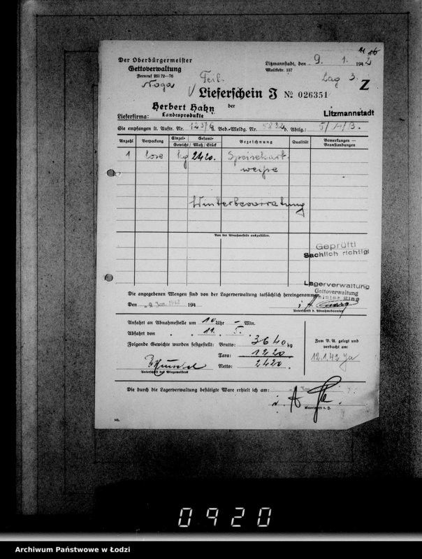 Obraz 18 z jednostki "Aufträge [Lieferscheinen und Rechnungen] 12321-12376 Lebensmitteleinkauf 5/Mü [Dostawa żywności dla Getta i dla obozu cygańskiego]"