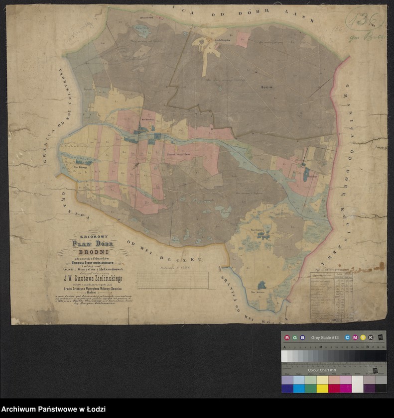 Obraz 1 z jednostki "Zbiorowy plan dóbr Brodni złożonych z folwarków Brodnia, Stary Dwór i Grzeszyn, tudzież osad Gucin, Wymysłów i Aleksandrówek będących własnością Jaśnie Wielmożnego Gustawa Zielińskiego, nadto z uwłaszczonych wsi Brodni, Grzeszyna, Wymysłowa, Wilkowyi, Sowińca i Malini"