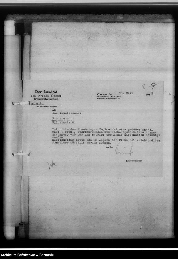 Obraz 12 z jednostki "[Korespondencja w sprawach organizacyjnych, sprawozdanie z działalności] Kreissippenamt Gnesen [Gniezno]"