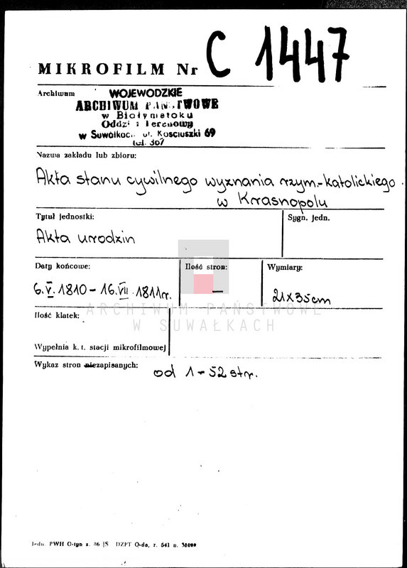 image.from.unit.number "Akta Cywilne Urodzonych Gminy Krasnopolskiey od R.1810 1 Maja do Roku 1811 1 Maja."