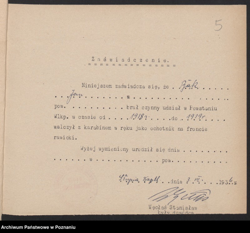Obraz 8 z jednostki "Słupia Kapitulna, powiat Rawicz - indywidualne zaświadczenia o uczestnictwie w powstaniu."