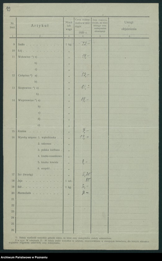 Obraz 20 z jednostki "[Wykazy cen maksymalnych artykułów spożywczych w poszczególnych miastach Województwa Pomorskiego za miesiące czerwiec i lipiec 1920 roku]"