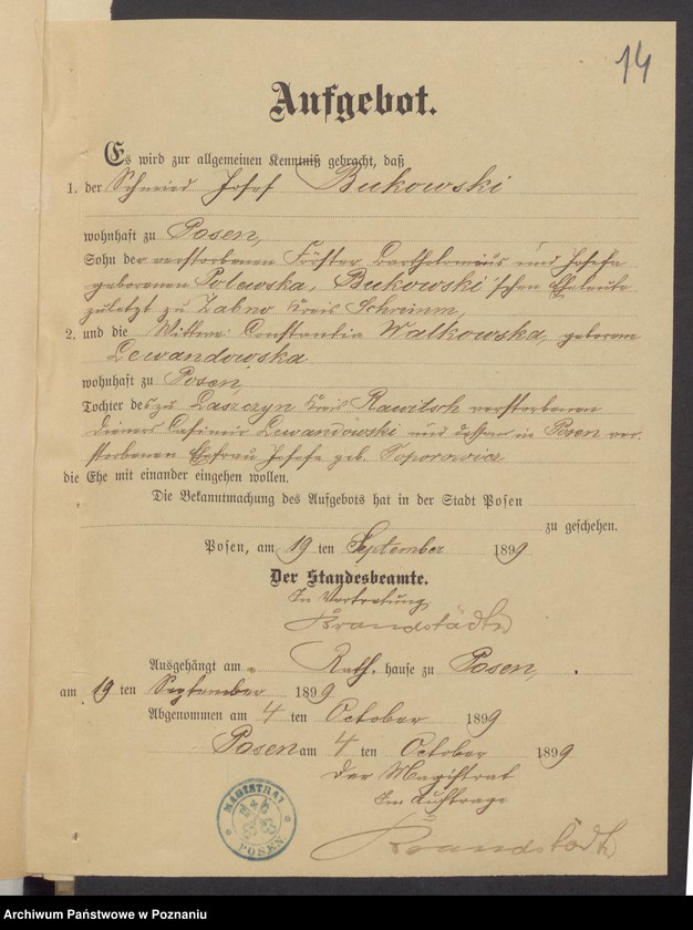 Obraz 16 z jednostki "Die von den Verlobten beigebrachten Urkunden zur Eheschliessung pro 1899"