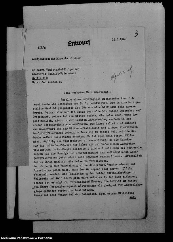 Obraz 7 z jednostki "Schriftwechsel. Stattsrat Schmit- Bodenstedt- Besuch im Warthegau"