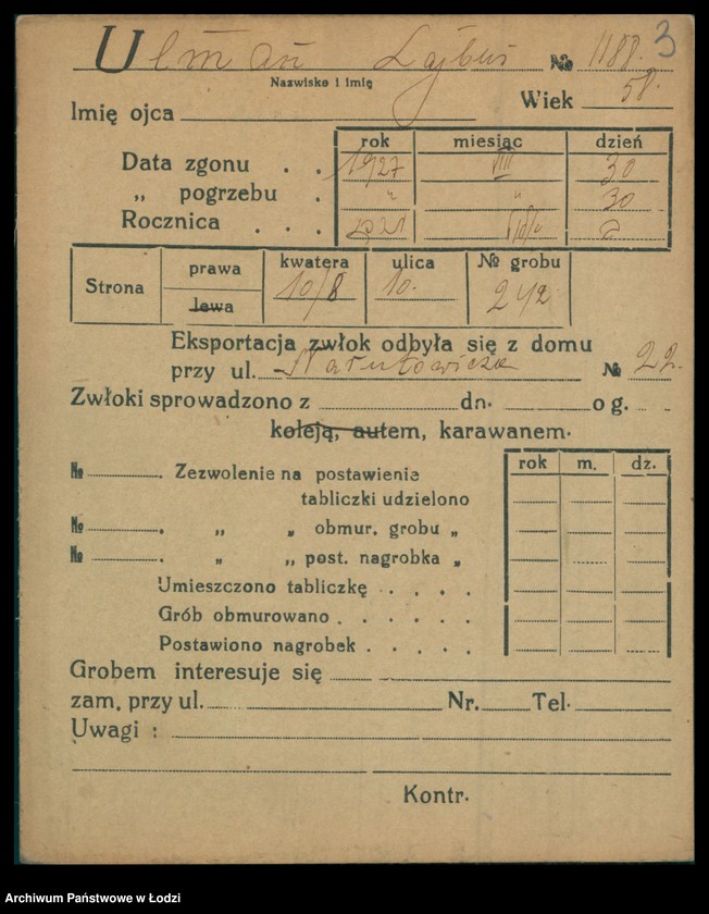 Obraz 4 z jednostki "Kartoteka osób pochowanych na cmentarzu żydowskim przy ulicy Brackiej w latach 1892-1944. Nazwiska na literę U"