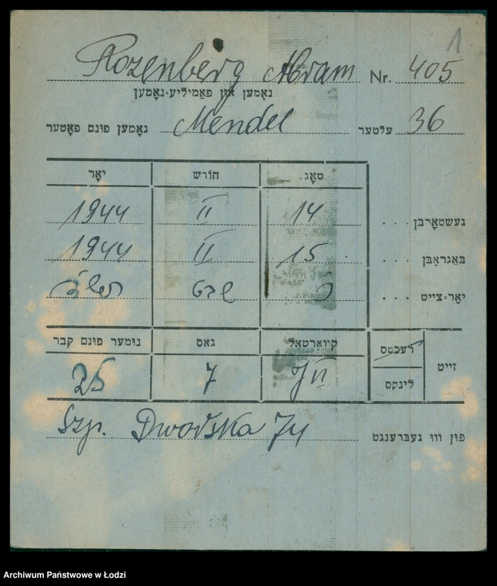 Obraz 2 z jednostki "Kartoteka osób pochowanych na cmentarzu żydowskim przy ulicy Brackiej w latach 1892-1954. Nazwiska na litery: Rozenbe-Rozenf"