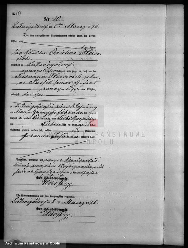 image.from.unit.number "Geburts-Neben-Register Standesamts Ludwigsdorf pro 1876"