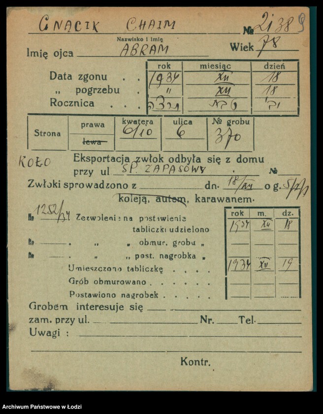Obraz 10 z jednostki "Kartoteka osób pochowanych na cmentarzu żydowskim przy ulicy Brackiej w latach 1892-1955. Nazwiska na litery: Gl-Goldbe"