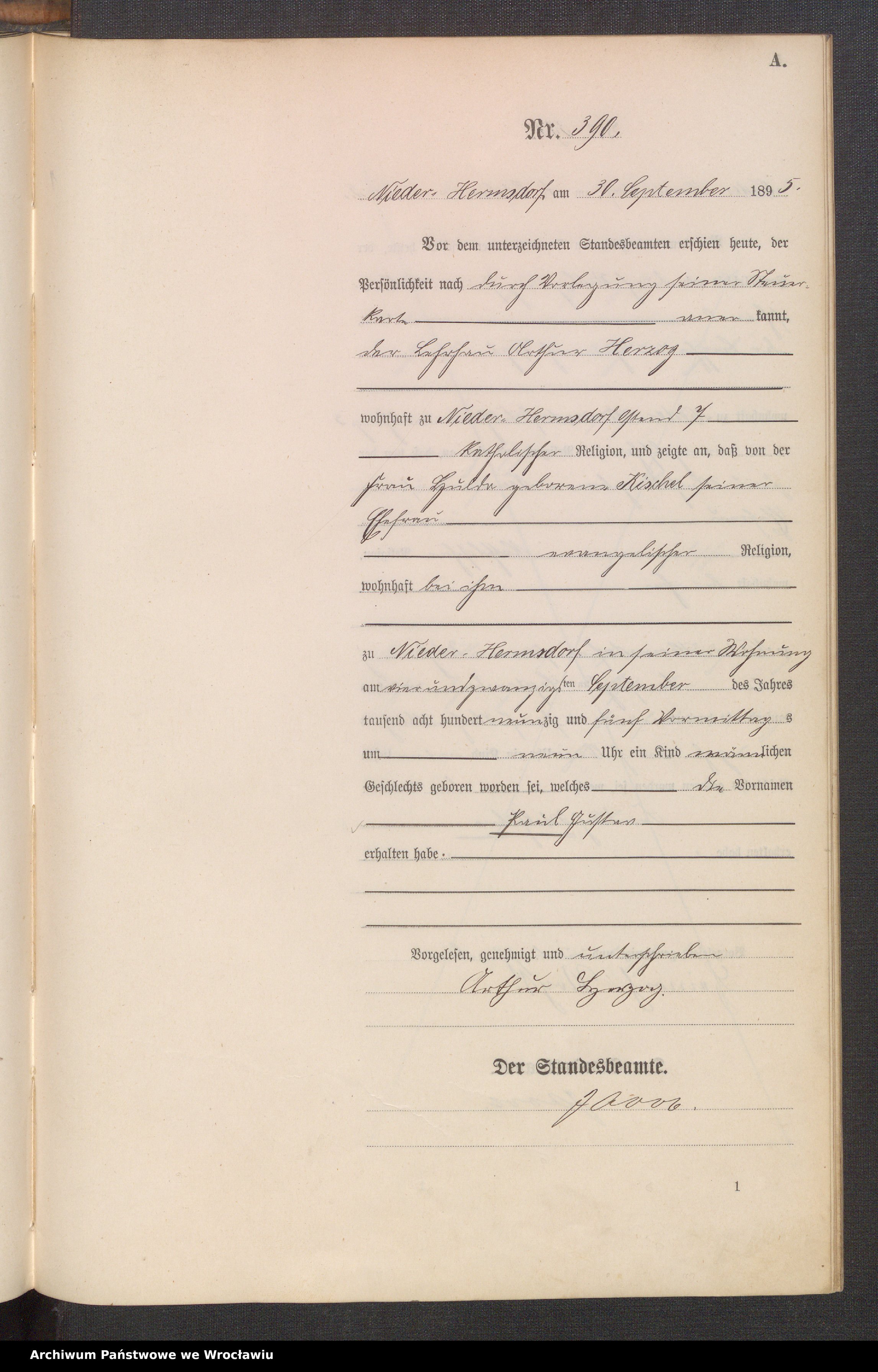 Skan z jednostki: Księga urodzeń USC w Sobięcinie (Nieder Hermsdorf) 1895