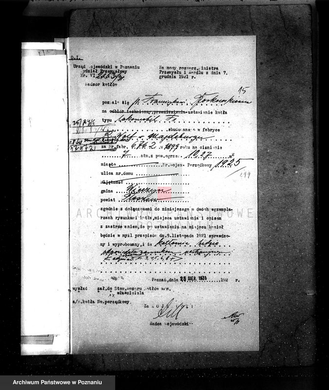 Obraz 20 z jednostki "Mleczarnia w Wieczynie pow. jarociński własność Fr. Borkowski nr fabr kotła 6762, nr woj. kotła 1925"