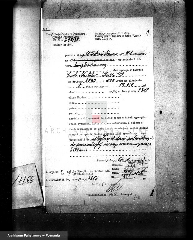 Obraz 5 z jednostki "Tartak i fabryka wyrobów z drzewa St. Urbański Urbanowo pow chodzieski nadzór nad kotłem parowym nr fabr. 3060"