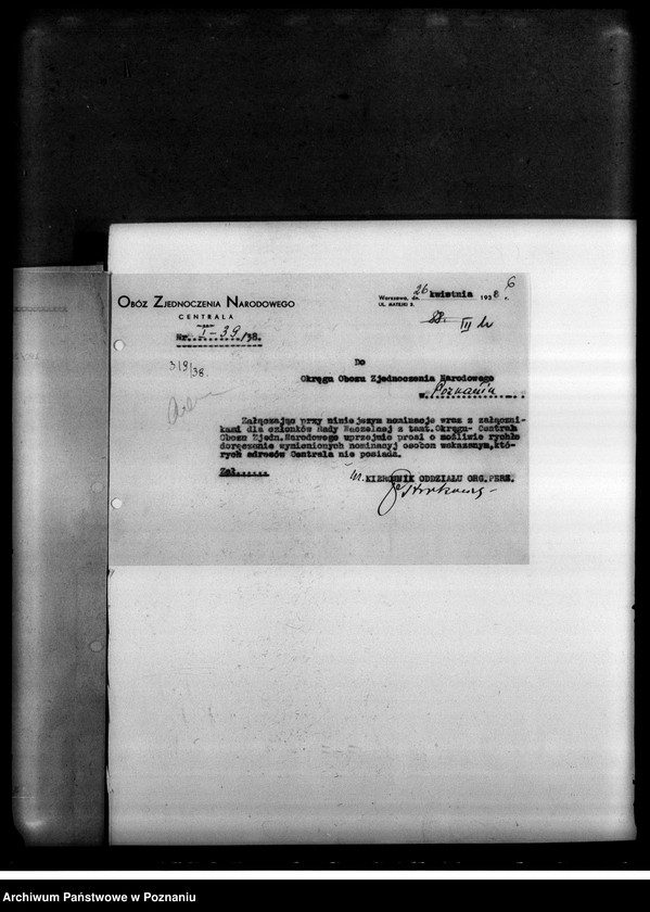 Obraz 9 z jednostki "Materiały programowe Obozu Zjednoczenia Narodowego - odezwy, korespondencja w sprawach organizacyjnych i personalnych"