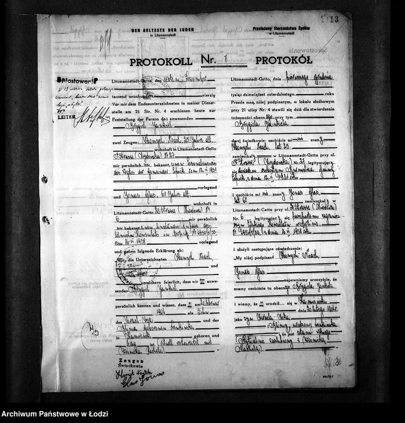 Obraz 16 z jednostki "[Protokoły stwierdzające na podstawie zeznań 2 świadków personalia i tożsamość osób ubiegających się o kartę tożsamości]"