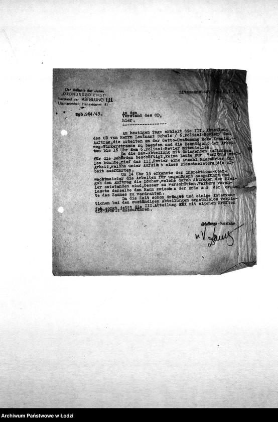 Obraz 18 z jednostki "[Korespondencja Komendy z policją niemiecką oraz rewirami gettowymi na temat różnych wydarzeń w getcie]"