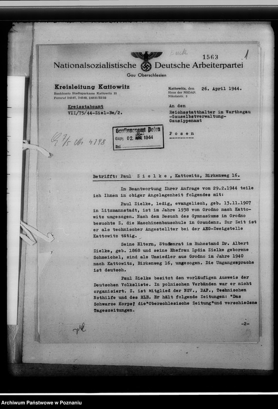 Obraz 5 z jednostki "[Kwerenda genealogiczna - dotyczy Paula Zielke z Katowic]"