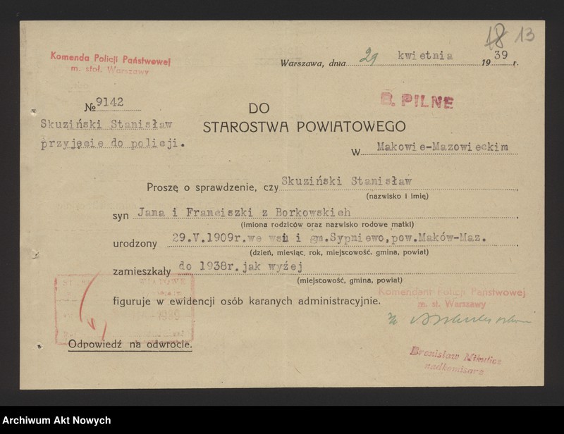 image.from.unit.number "Przyjęcie do służby w Policji Państwowej Stanisława Skuzińskiego. Korespondencja."