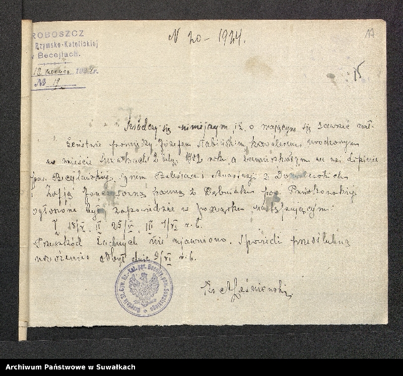 Obraz 19 z jednostki "Dokumenta do Aktów zaślubionych parafji puńskiej z r. 1924"