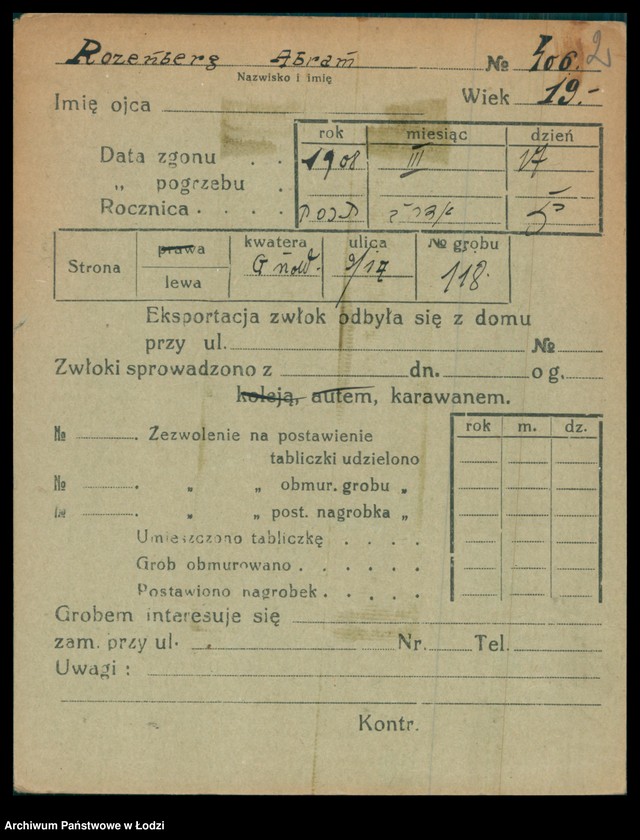 Obraz 3 z jednostki "Kartoteka osób pochowanych na cmentarzu żydowskim przy ulicy Brackiej w latach 1892-1954. Nazwiska na litery: Rozenbe-Rozenf"