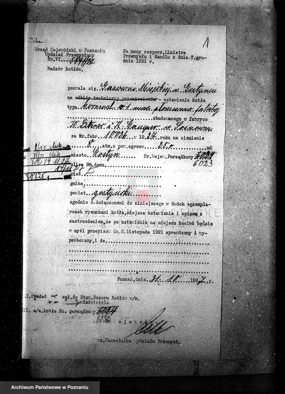 Obraz 5 z jednostki "Warsztat W. Mańkowskiego w Gostyniu kocioł wulkanizacyjny nr woj. kotła 6408"