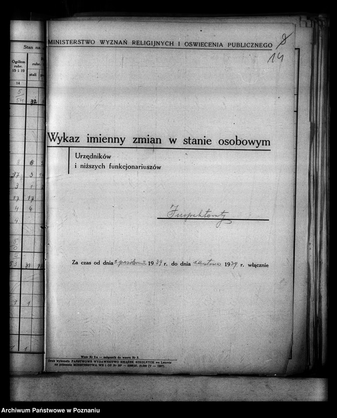 Obraz 18 z jednostki "[Sprawozdania o stanie osobowym] i ruchu służbowym urzędników zatrudnionych w Kuratorium, Inspektoratach i Szkołach Średnich"